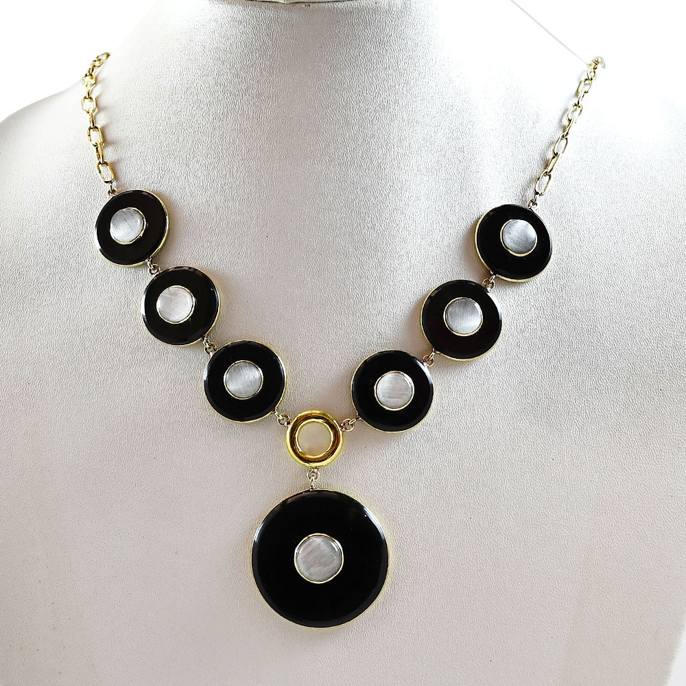 18K Gold Plated Black Onyx and Rainbow Moonstone Necklace Earrings Set TT01011 DESIRE GEM