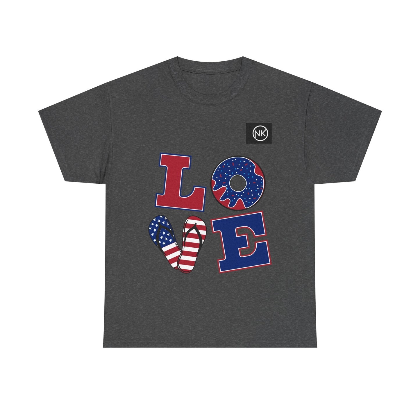 Patriotic "LOVE" Graphic Tee — American Flag Heart & Donut Design Printify