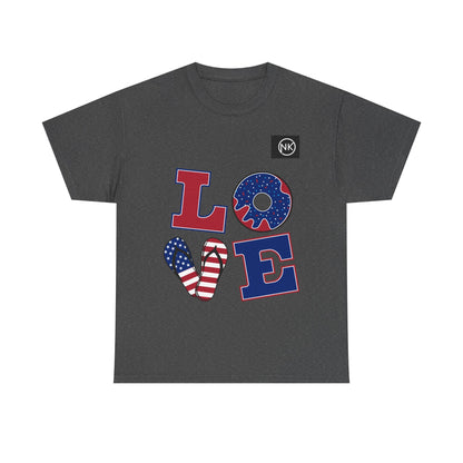 Patriotic "LOVE" Graphic Tee — American Flag Heart & Donut Design Printify