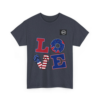 Patriotic "LOVE" Graphic Tee — American Flag Heart & Donut Design Printify