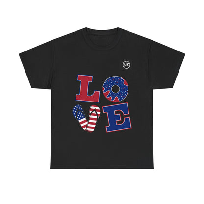 Patriotic "LOVE" Graphic Tee — American Flag Heart & Donut Design Printify