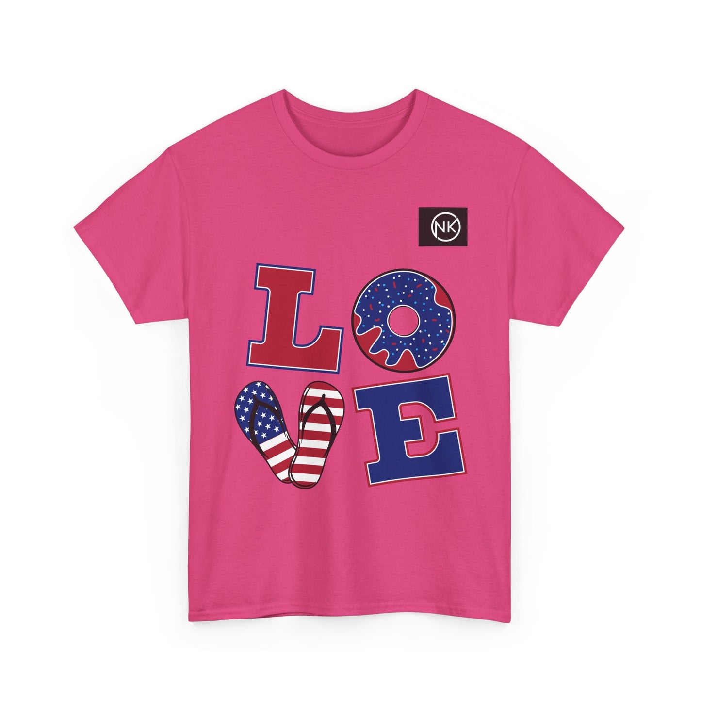 Patriotic "LOVE" Graphic Tee — American Flag Heart & Donut Design Printify