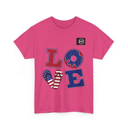 Patriotic "LOVE" Graphic Tee — American Flag Heart & Donut Design Printify