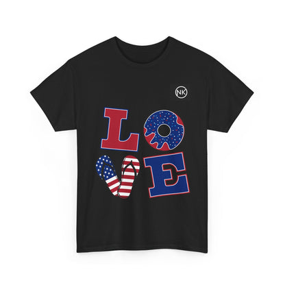 Patriotic "LOVE" Graphic Tee — American Flag Heart & Donut Design Printify