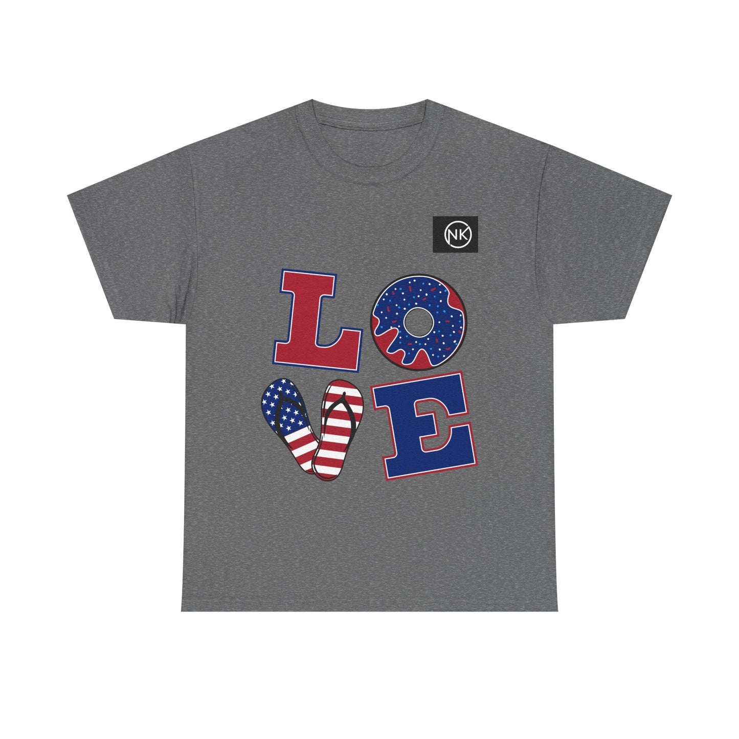 Patriotic "LOVE" Graphic Tee — American Flag Heart & Donut Design Printify