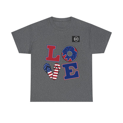 Patriotic "LOVE" Graphic Tee — American Flag Heart & Donut Design Printify