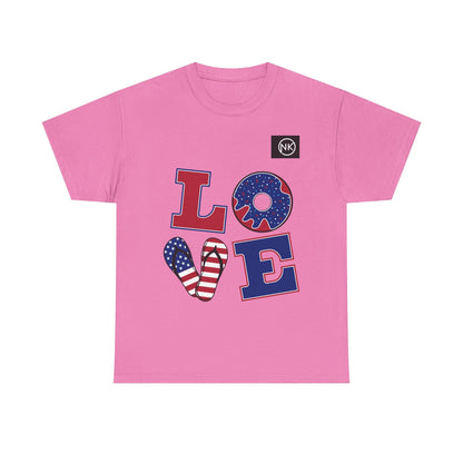 Patriotic "LOVE" Graphic Tee — American Flag Heart & Donut Design Printify