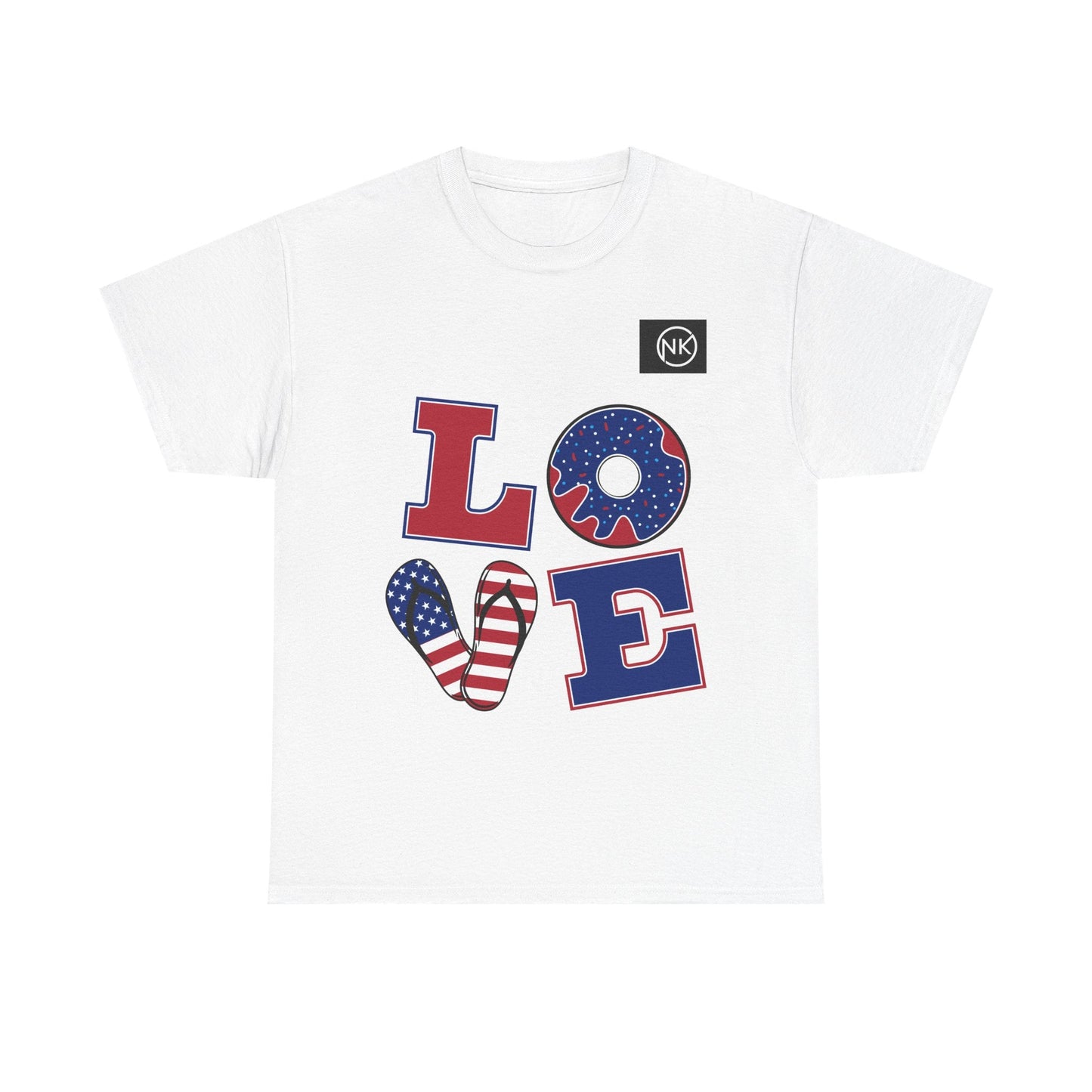 Patriotic "LOVE" Graphic Tee — American Flag Heart & Donut Design Printify