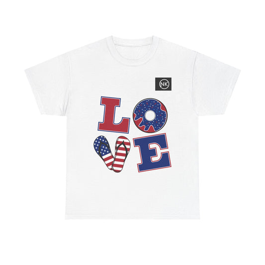 Patriotic "LOVE" Graphic Tee — American Flag Heart & Donut Design Printify