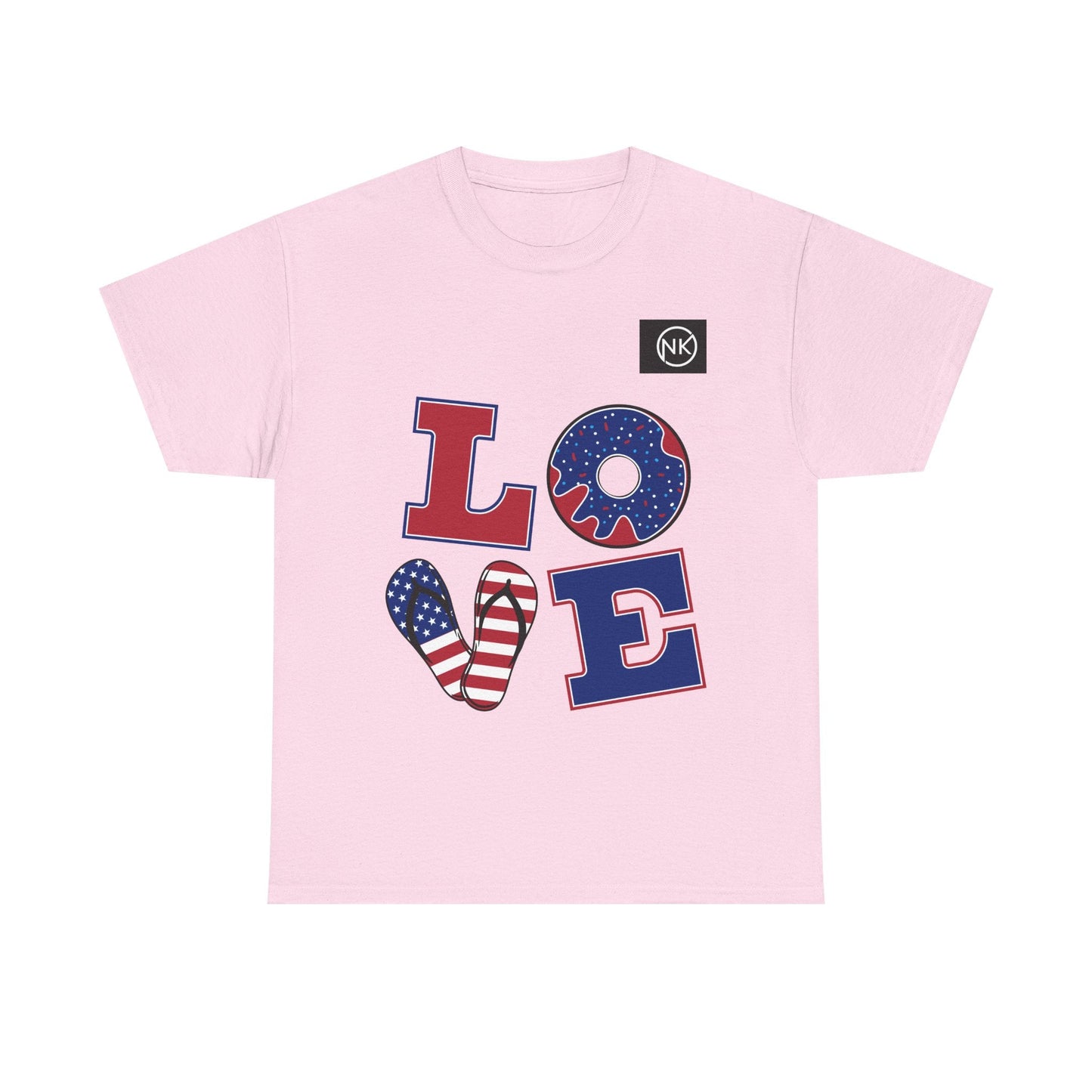 Patriotic "LOVE" Graphic Tee — American Flag Heart & Donut Design Printify