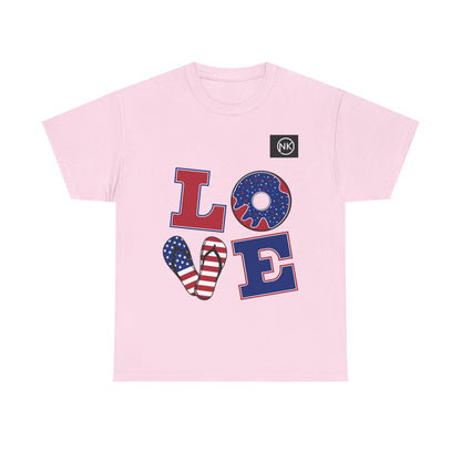 Patriotic "LOVE" Graphic Tee — American Flag Heart & Donut Design Printify