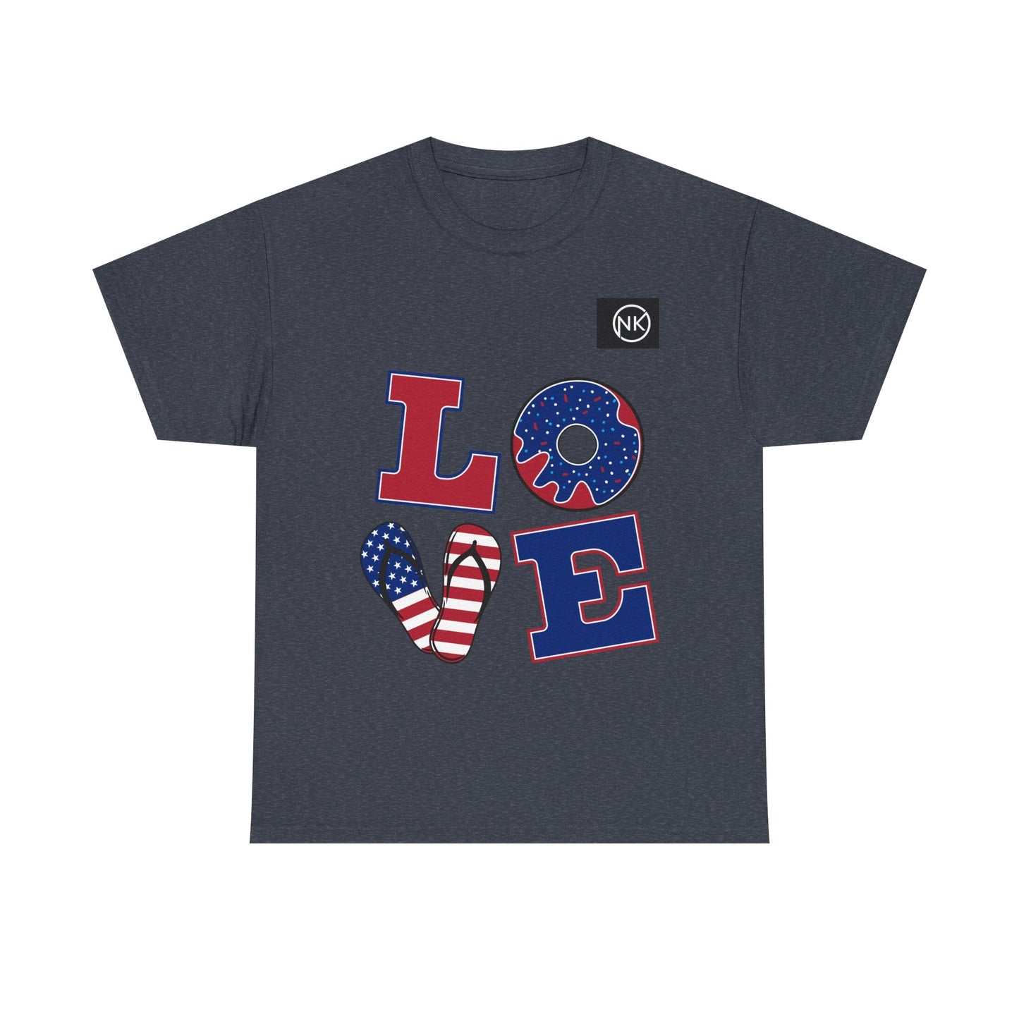 Patriotic "LOVE" Graphic Tee — American Flag Heart & Donut Design Printify