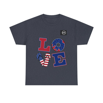 Patriotic "LOVE" Graphic Tee — American Flag Heart & Donut Design Printify