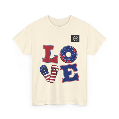 Patriotic "LOVE" Graphic Tee — American Flag Heart & Donut Design Printify