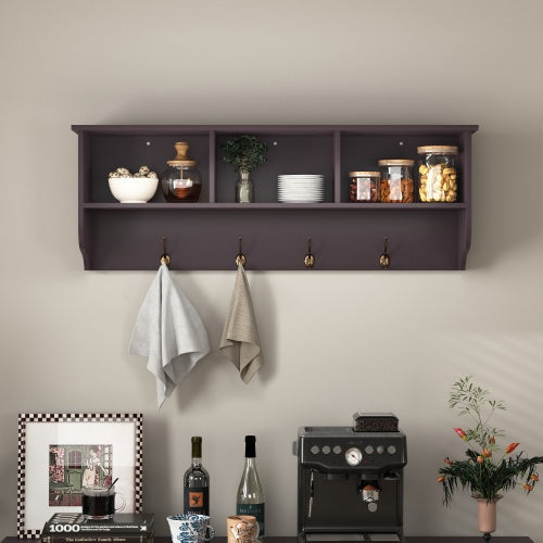 Espresso Entryway Wall Mounted Coat Rack With 4 Dual Hooks Living Room Wooden Storage Shelf null