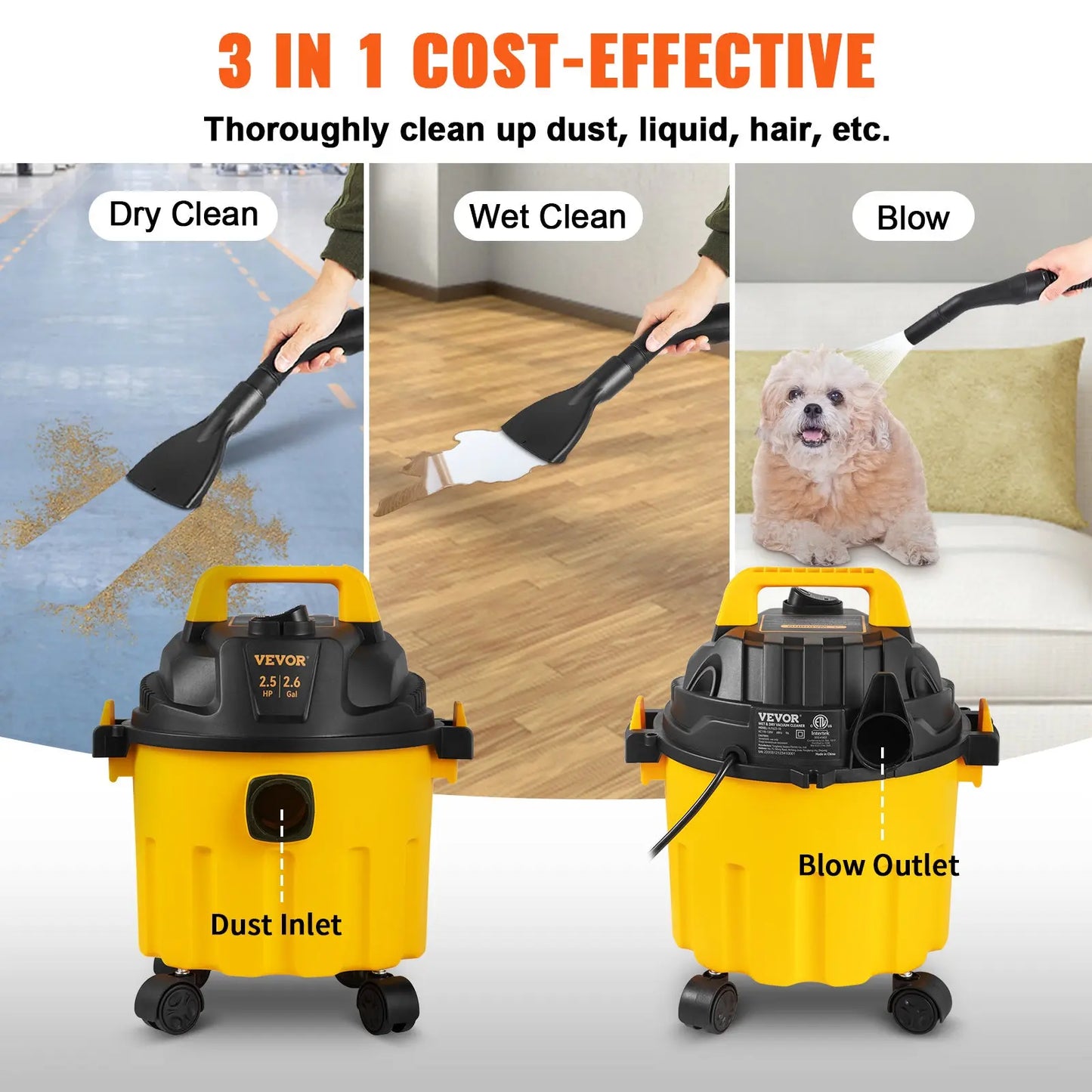 VEVOR 2.6 Gallon Wet Dry Shop Vac – 2.5 HP 3-in-1 Portable Vacuum & Blower with Floor, Car & Upholstery Attachments, ETL Listed null