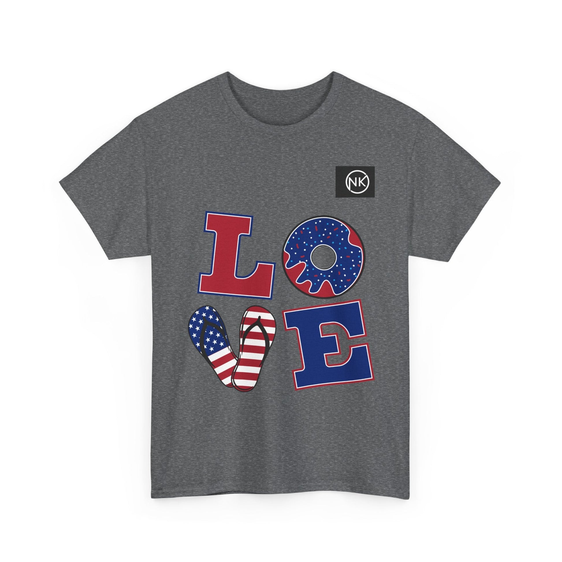 Patriotic "LOVE" Graphic Tee — American Flag Heart & Donut Design Printify