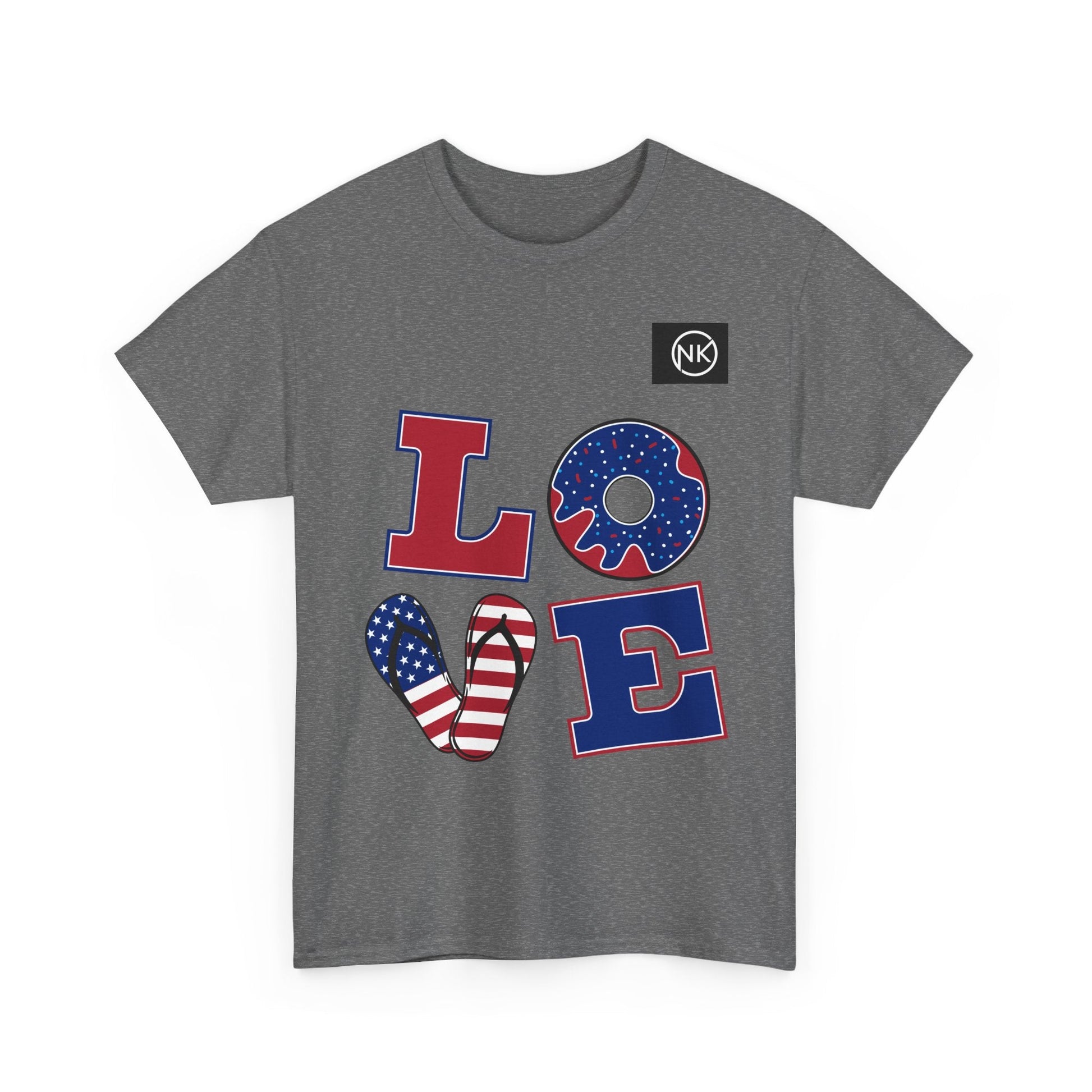 Patriotic "LOVE" Graphic Tee — American Flag Heart & Donut Design Printify
