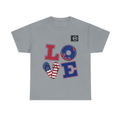 Patriotic "LOVE" Graphic Tee — American Flag Heart & Donut Design Printify