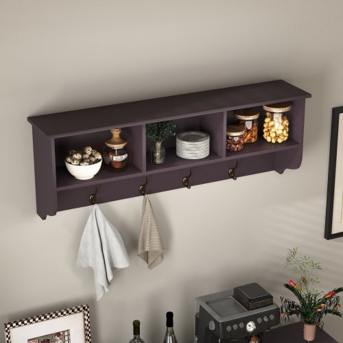 Espresso Entryway Wall Mounted Coat Rack With 4 Dual Hooks Living Room Wooden Storage Shelf null