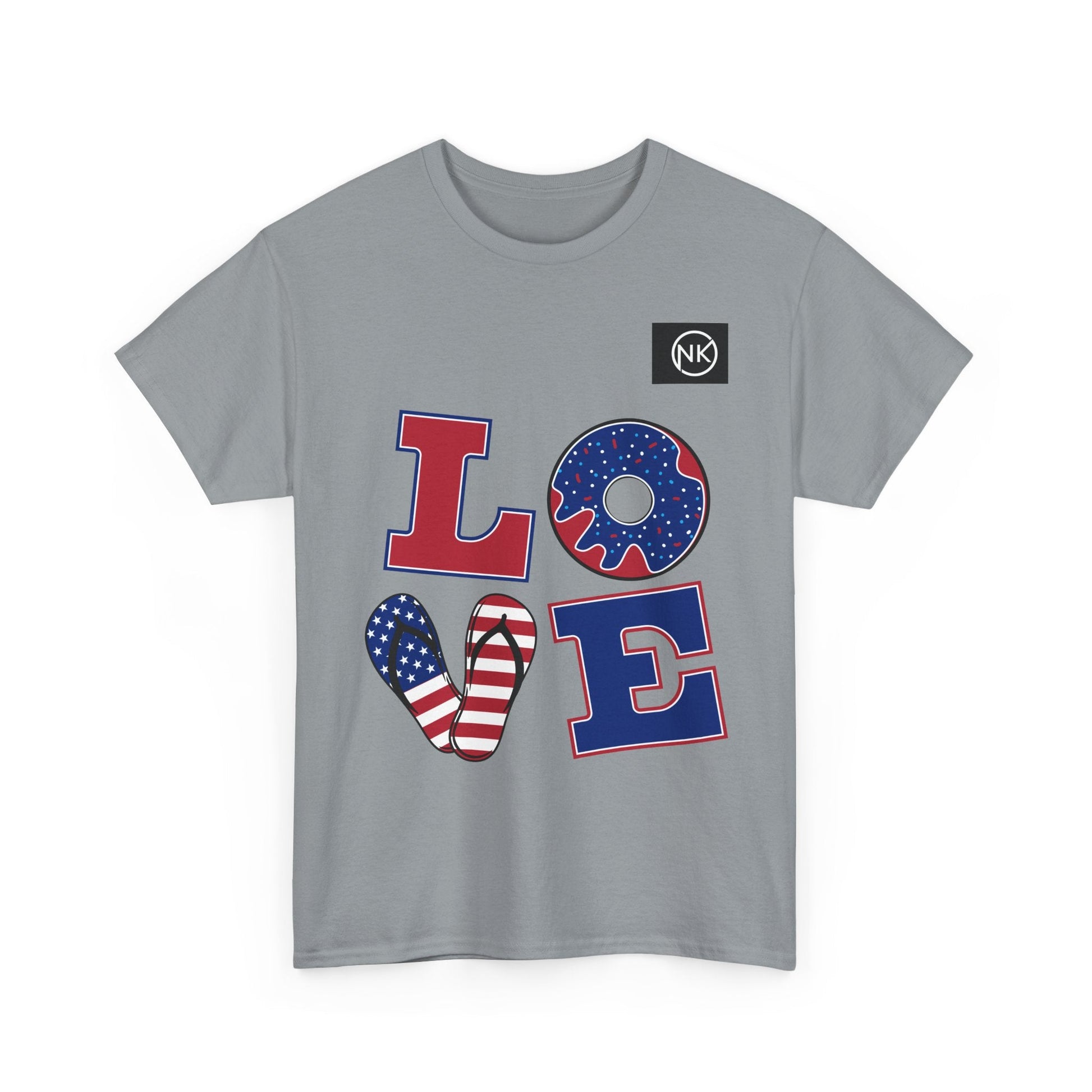 Patriotic "LOVE" Graphic Tee — American Flag Heart & Donut Design Printify