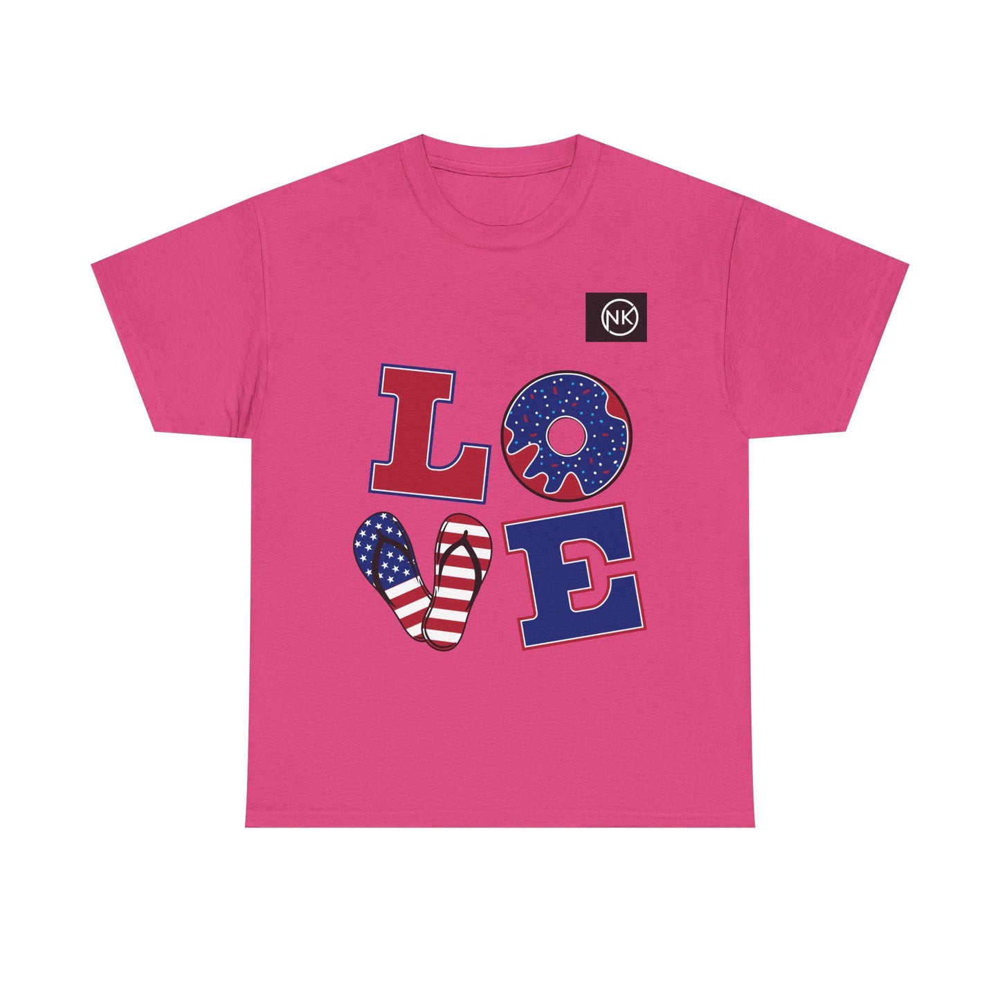 Patriotic "LOVE" Graphic Tee — American Flag Heart & Donut Design Printify