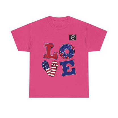 Patriotic "LOVE" Graphic Tee — American Flag Heart & Donut Design Printify