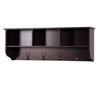 Espresso Entryway Wall Mounted Coat Rack With 4 Dual Hooks Living Room Wooden Storage Shelf null