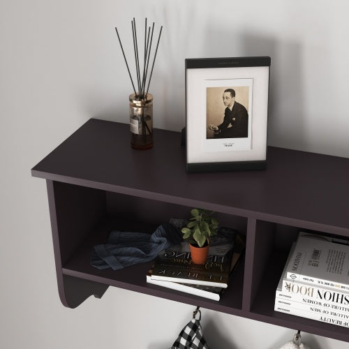 Espresso Entryway Wall Mounted Coat Rack With 4 Dual Hooks Living Room Wooden Storage Shelf null
