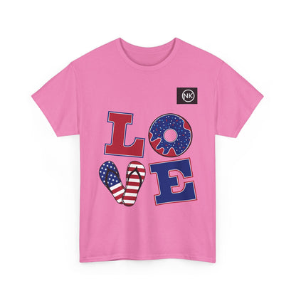 Patriotic "LOVE" Graphic Tee — American Flag Heart & Donut Design Printify