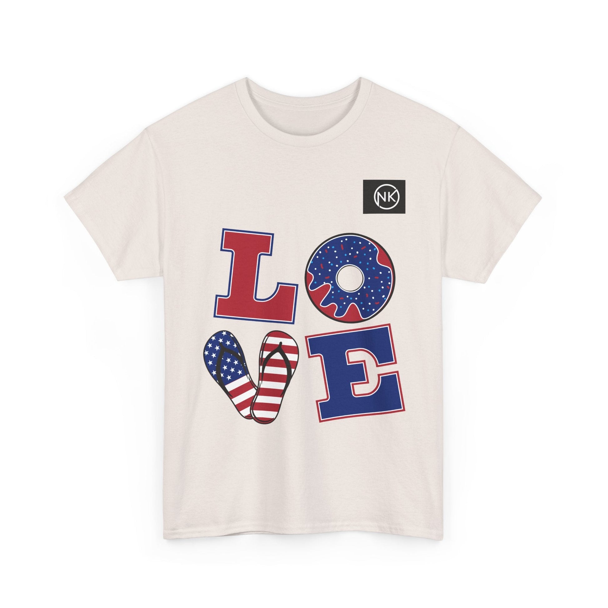 Patriotic "LOVE" Graphic Tee — American Flag Heart & Donut Design Printify