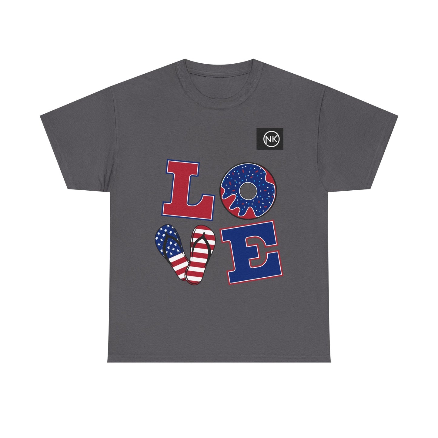 Patriotic "LOVE" Graphic Tee — American Flag Heart & Donut Design Printify