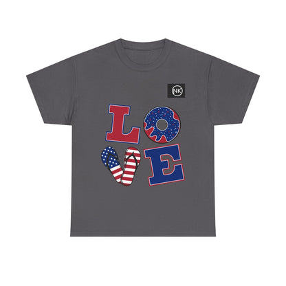 Patriotic "LOVE" Graphic Tee — American Flag Heart & Donut Design Printify