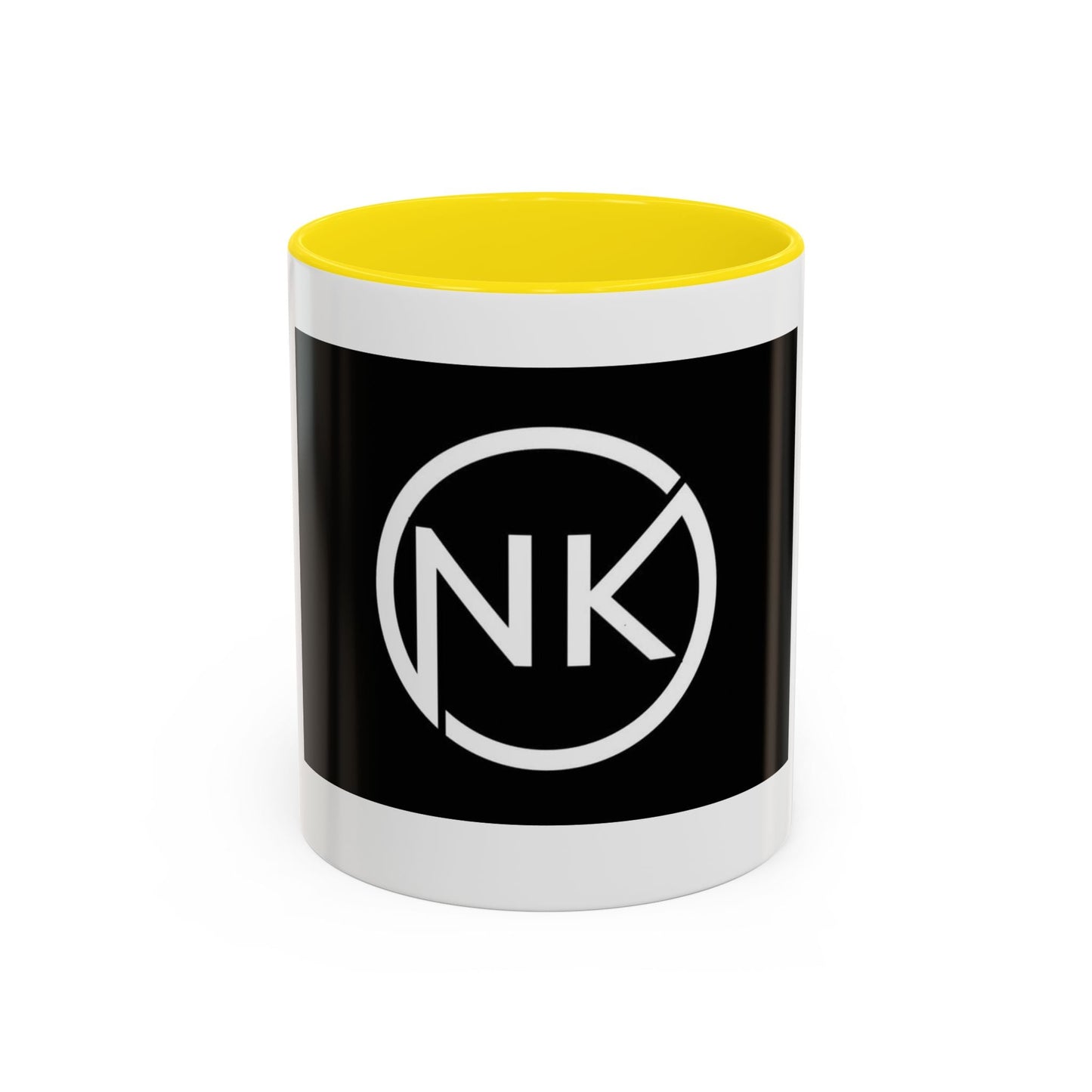 NK Monogram Accent Coffee Mug — Black Logo Ceramic Cup (11/15 oz) Printify