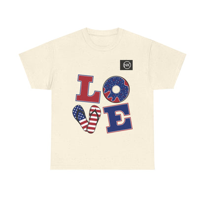 Patriotic "LOVE" Graphic Tee — American Flag Heart & Donut Design Printify