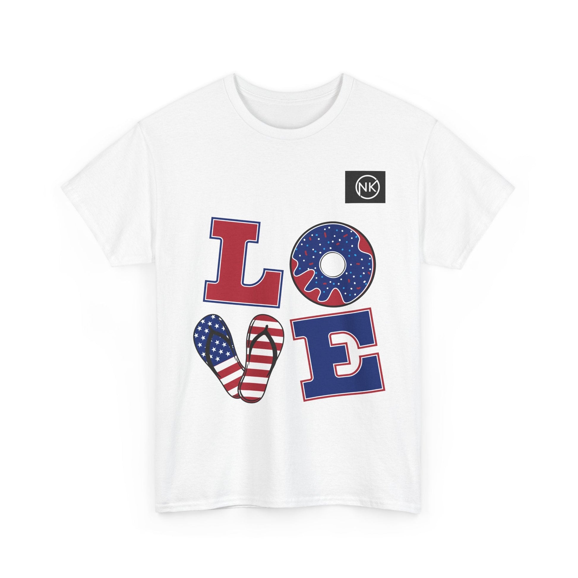 Patriotic "LOVE" Graphic Tee — American Flag Heart & Donut Design Printify