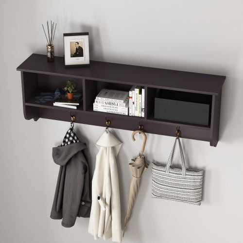 Espresso Entryway Wall Mounted Coat Rack With 4 Dual Hooks Living Room Wooden Storage Shelf null