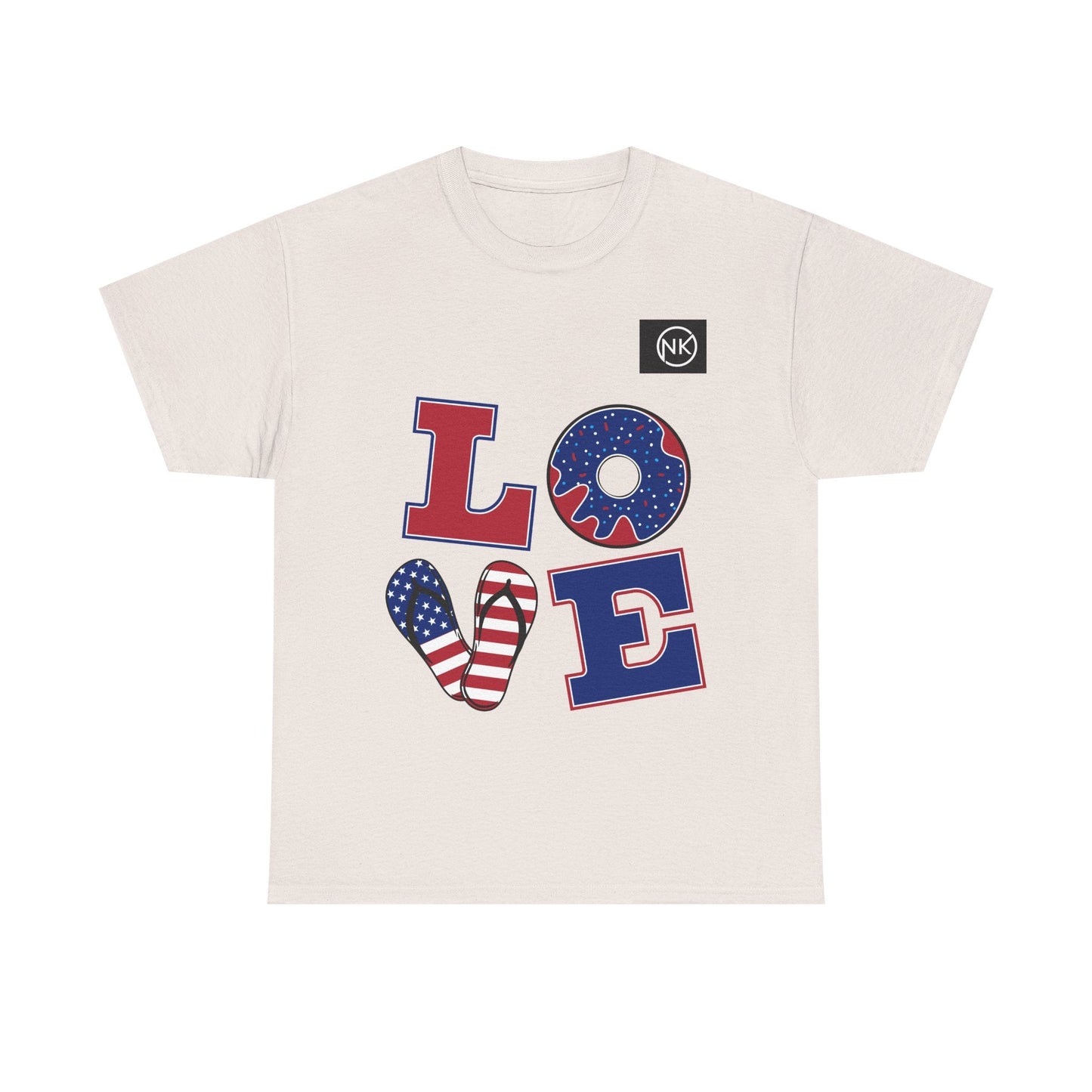 Patriotic "LOVE" Graphic Tee — American Flag Heart & Donut Design Printify