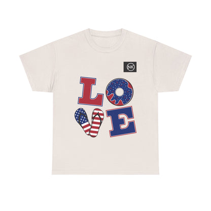 Patriotic "LOVE" Graphic Tee — American Flag Heart & Donut Design Printify