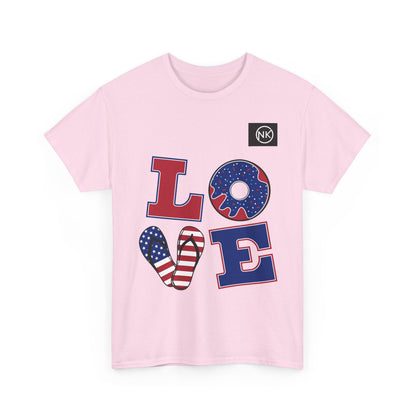 Patriotic "LOVE" Graphic Tee — American Flag Heart & Donut Design Printify