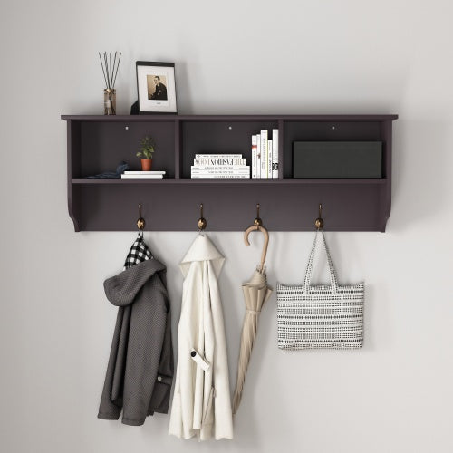 Espresso Entryway Wall Mounted Coat Rack With 4 Dual Hooks Living Room Wooden Storage Shelf null