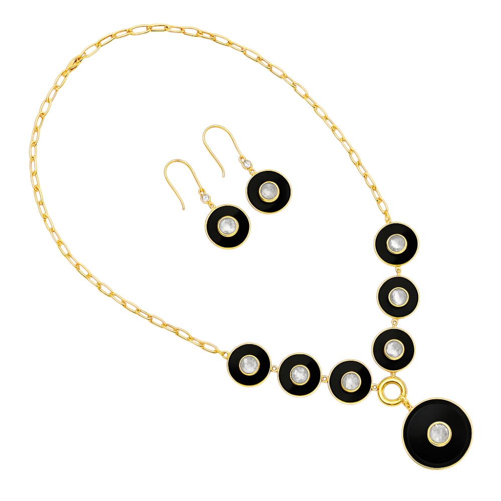 18K Gold Plated Black Onyx and Rainbow Moonstone Necklace Earrings Set TT01011 DESIRE GEM