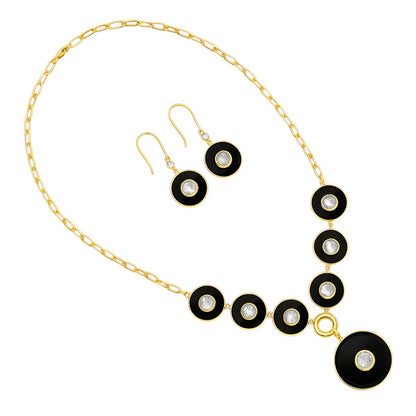 18K Gold Plated Black Onyx and Rainbow Moonstone Necklace Earrings Set TT01011 DESIRE GEM