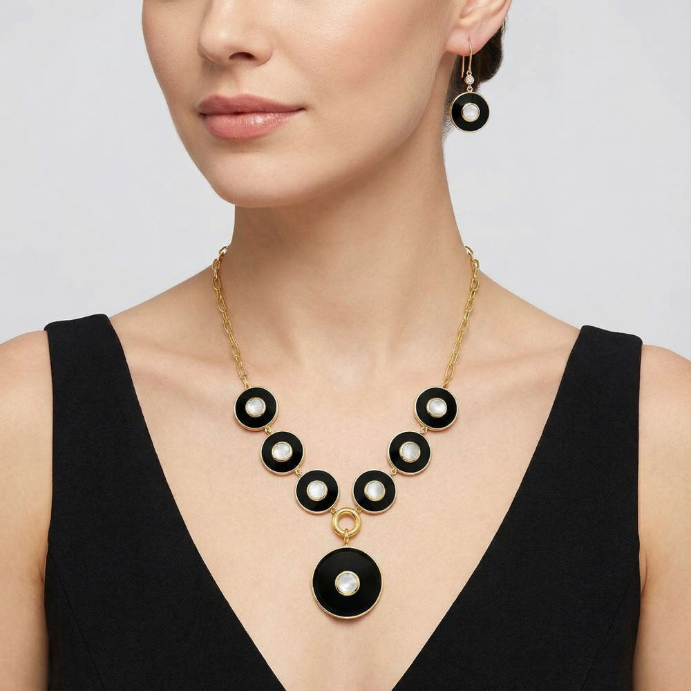 18K Gold Plated Black Onyx and Rainbow Moonstone Necklace Earrings Set TT01011 DESIRE GEM