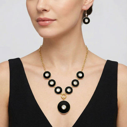 18K Gold Plated Black Onyx and Rainbow Moonstone Necklace Earrings Set TT01011 DESIRE GEM