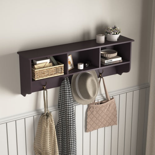 Espresso Entryway Wall Mounted Coat Rack With 4 Dual Hooks Living Room Wooden Storage Shelf null