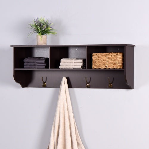 Espresso Entryway Wall Mounted Coat Rack With 4 Dual Hooks Living Room Wooden Storage Shelf null