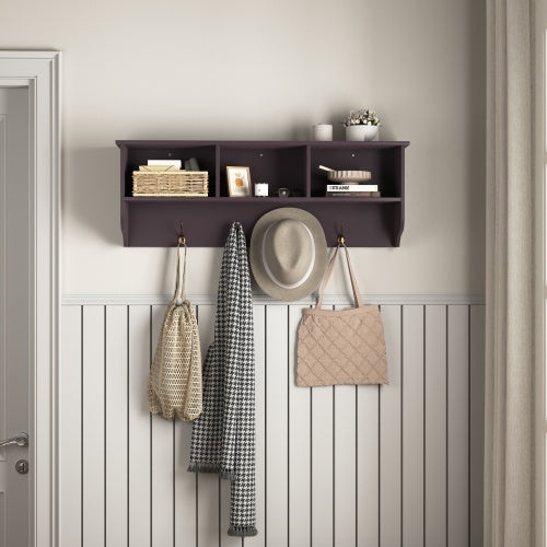 Espresso Entryway Wall Mounted Coat Rack With 4 Dual Hooks Living Room Wooden Storage Shelf null