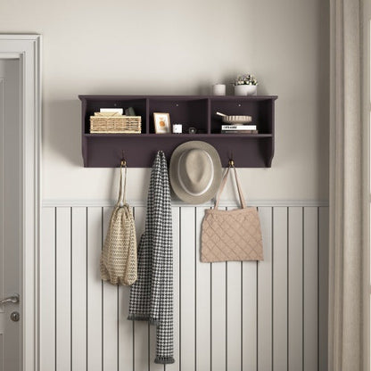 Espresso Entryway Wall Mounted Coat Rack With 4 Dual Hooks Living Room Wooden Storage Shelf null