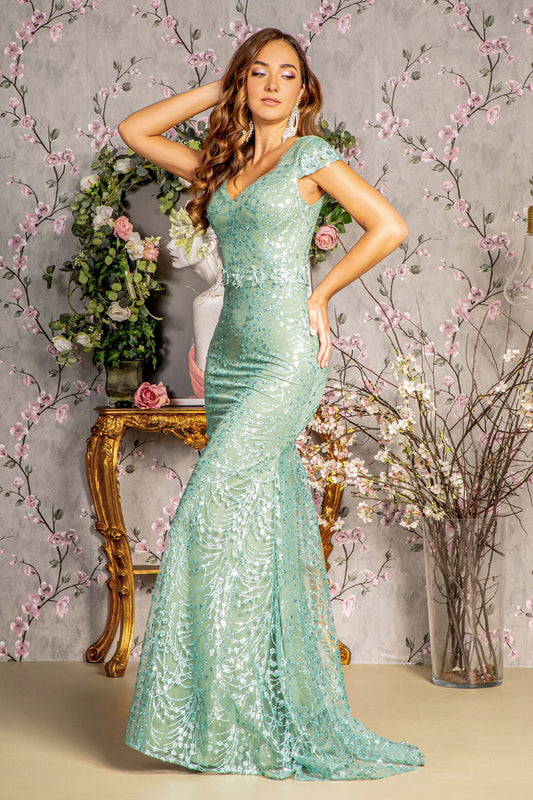 3-D Flower Glitter Sheer Neckline Mesh Mermaid Long Dress Tux-USA